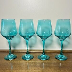 Set Of 4 Aqua Blue Wine/Water Stemmed Goblets 8.5" Tall